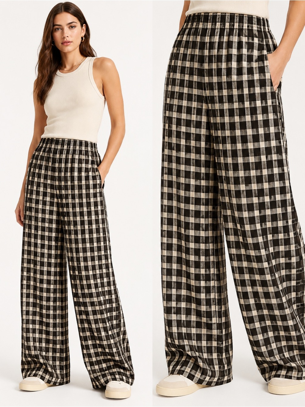 Sea New York Valeria Plaid Wide Leg Pants M High Rise Elastic Waist Check NWT